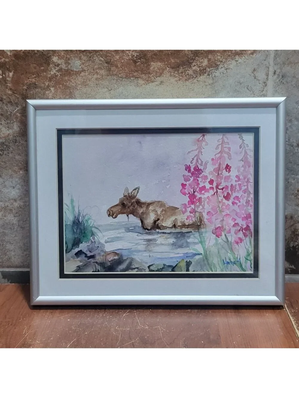 Watercolor Painting Art Print Moose in Water Pink Flower Signed MarLynk